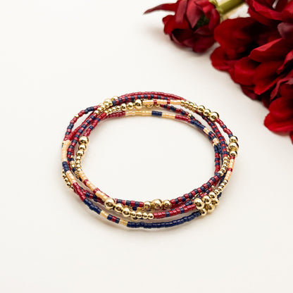 Signature Cranberry Stack | 14k Gold Filled Non-Tarnish with Navy and Maroon Tiny Beads | Stackable Bracelet Stack | Fall Bracelet Set