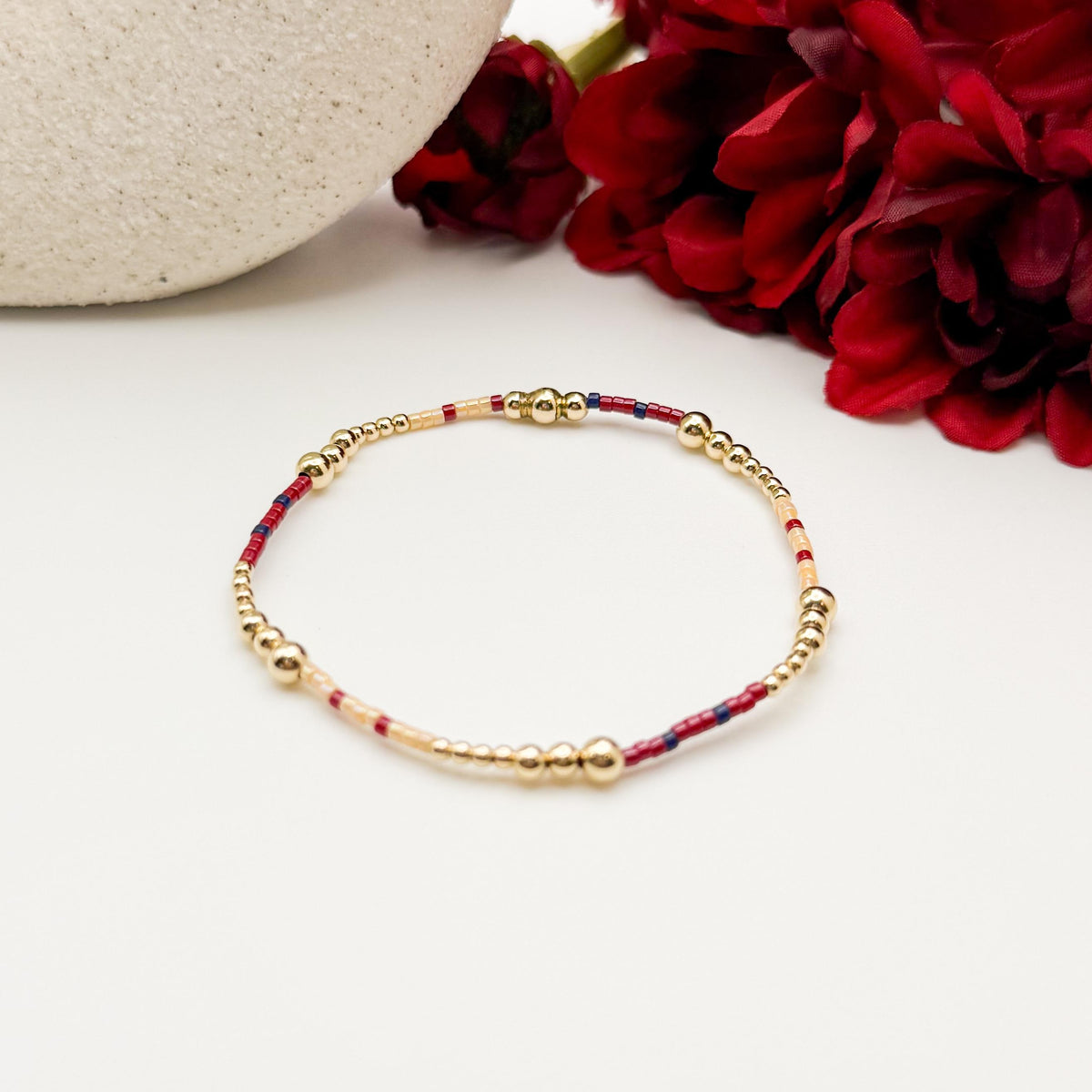 Signature Cranberry Stack | 14k Gold Filled Non-Tarnish with Navy and Maroon Tiny Beads | Stackable Bracelet Stack | Fall Bracelet Set