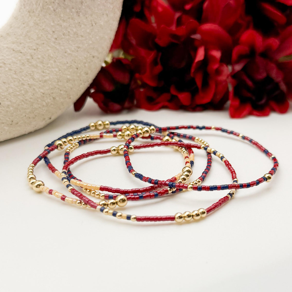 Signature Cranberry Stack | 14k Gold Filled Non-Tarnish with Navy and Maroon Tiny Beads | Stackable Bracelet Stack | Fall Bracelet Set