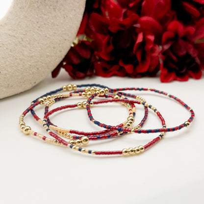 Signature Cranberry Stack | 14k Gold Filled Non-Tarnish with Navy and Maroon Tiny Beads | Stackable Bracelet Stack | Fall Bracelet Set
