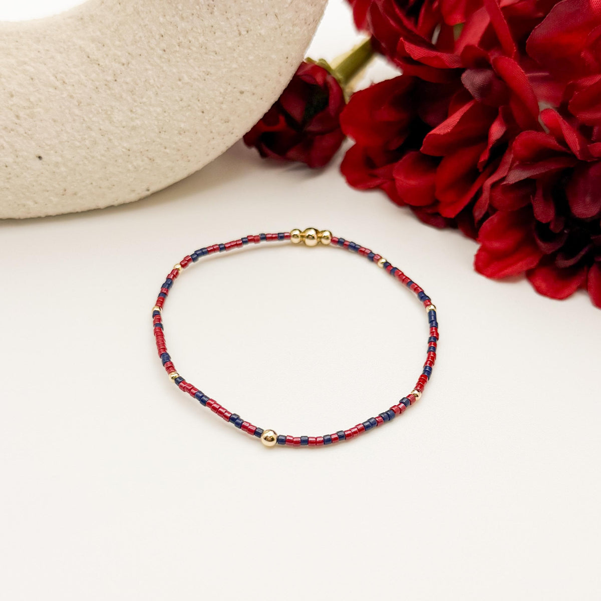 Signature Cranberry Stack | 14k Gold Filled Non-Tarnish with Navy and Maroon Tiny Beads | Stackable Bracelet Stack | Fall Bracelet Set