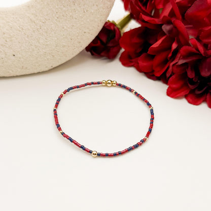 Signature Cranberry Stack | 14k Gold Filled Non-Tarnish with Navy and Maroon Tiny Beads | Stackable Bracelet Stack | Fall Bracelet Set