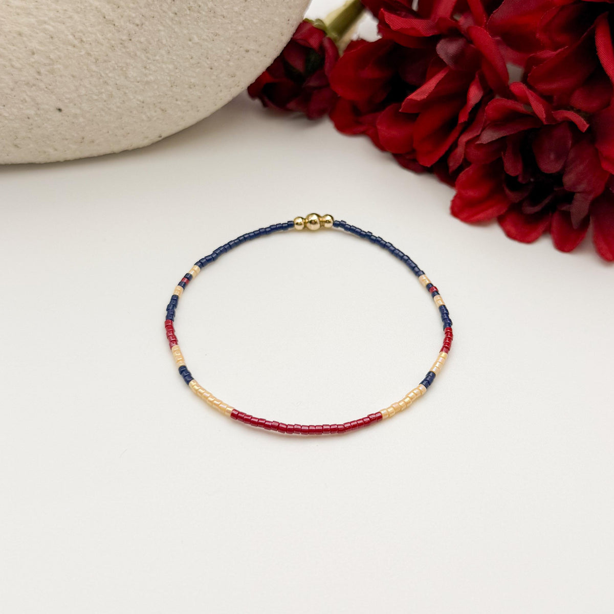 Signature Cranberry Stack | 14k Gold Filled Non-Tarnish with Navy and Maroon Tiny Beads | Stackable Bracelet Stack | Fall Bracelet Set