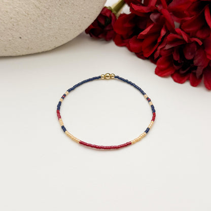 Signature Cranberry Stack | 14k Gold Filled Non-Tarnish with Navy and Maroon Tiny Beads | Stackable Bracelet Stack | Fall Bracelet Set