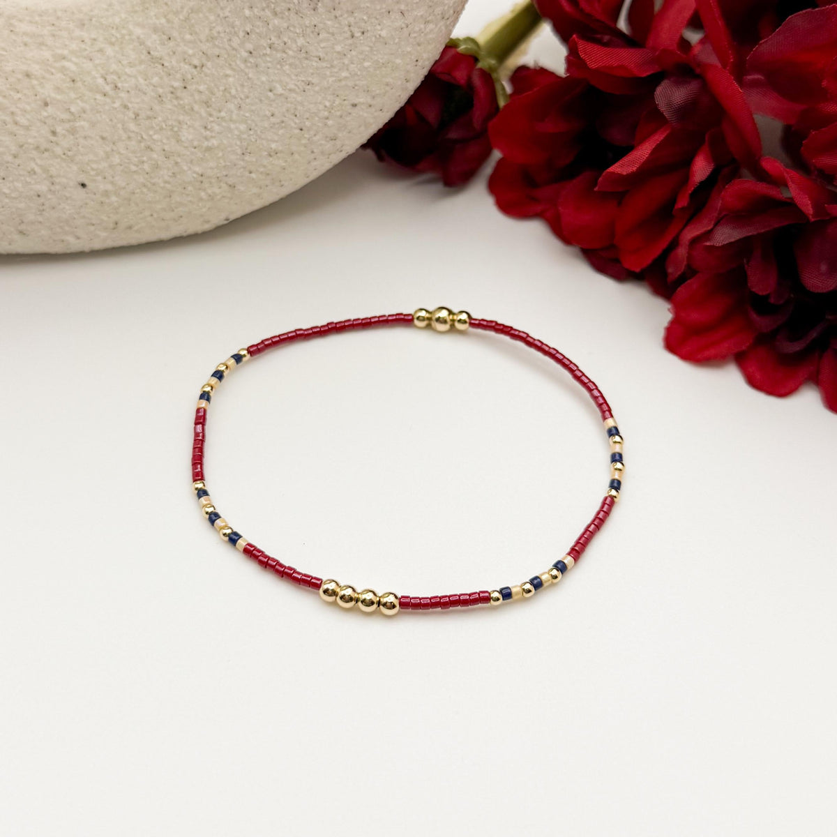 Signature Cranberry Stack | 14k Gold Filled Non-Tarnish with Navy and Maroon Tiny Beads | Stackable Bracelet Stack | Fall Bracelet Set