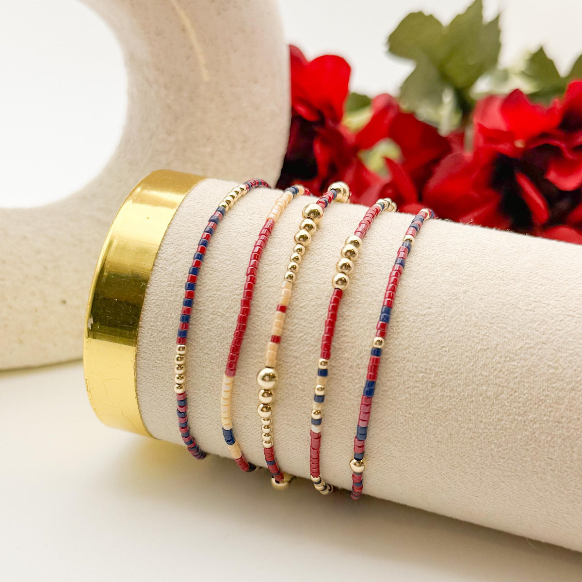 Signature Cranberry Stack | 14k Gold Filled Non-Tarnish with Navy and Maroon Tiny Beads | Stackable Bracelet Stack | Fall Bracelet Set