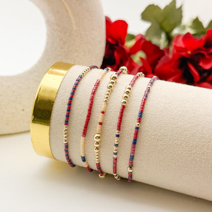 Signature Cranberry Stack | 14k Gold Filled Non-Tarnish with Navy and Maroon Tiny Beads | Stackable Bracelet Stack | Fall Bracelet Set