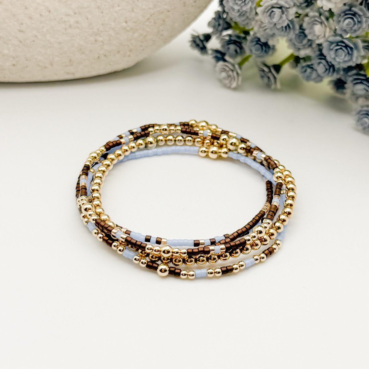 Signature Espresso Stack | 14k Gold Filled Non-Tarnish Seed Bead Bracelets Beaded Bracelet Stack | Tiny Bead | Brown & Light Blue Bracelets