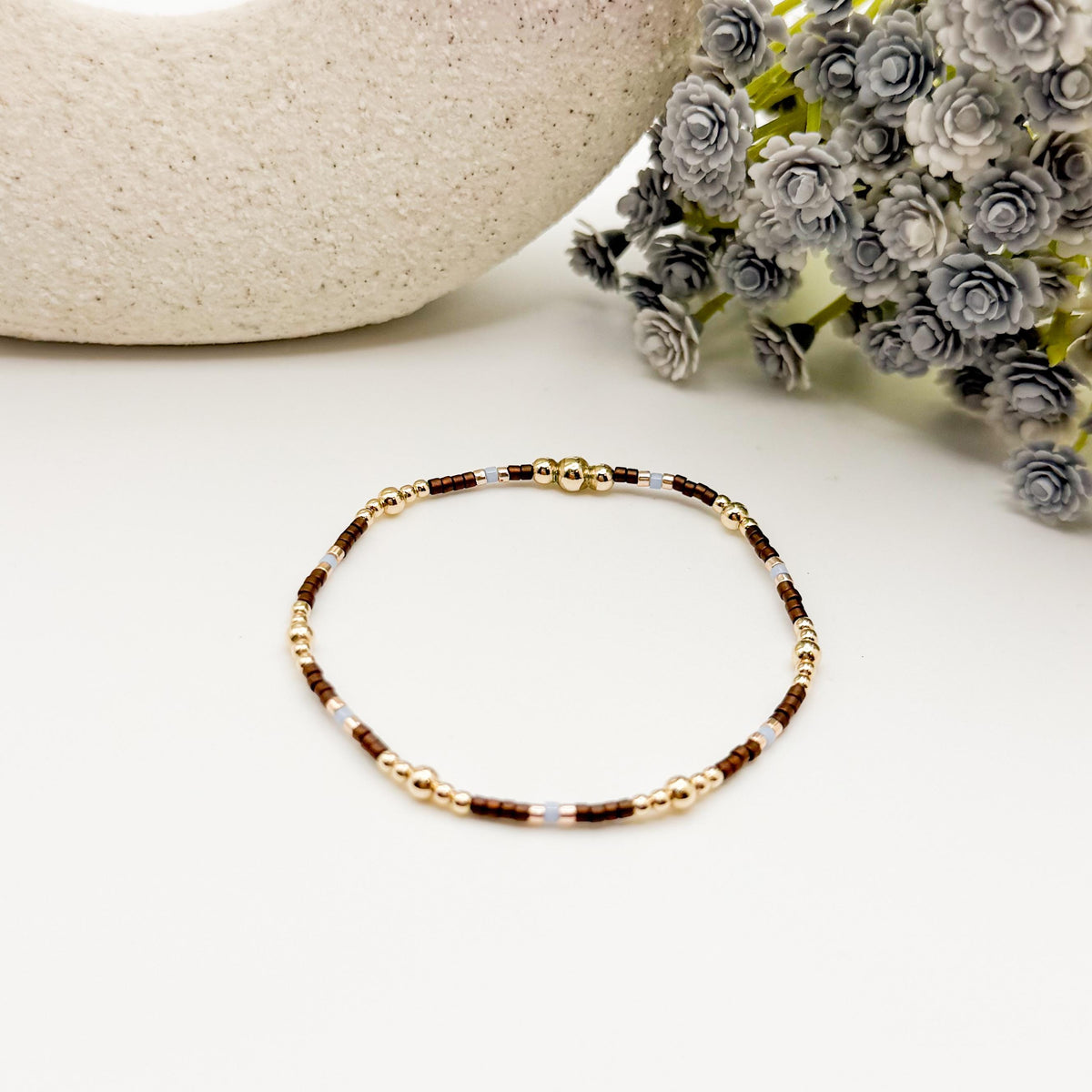 Signature Espresso Stack | 14k Gold Filled Non-Tarnish Seed Bead Bracelets Beaded Bracelet Stack | Tiny Bead | Brown & Light Blue Bracelets