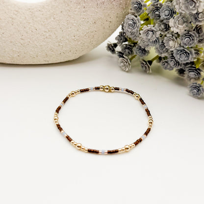 Signature Espresso Stack | 14k Gold Filled Non-Tarnish Seed Bead Bracelets Beaded Bracelet Stack | Tiny Bead | Brown & Light Blue Bracelets