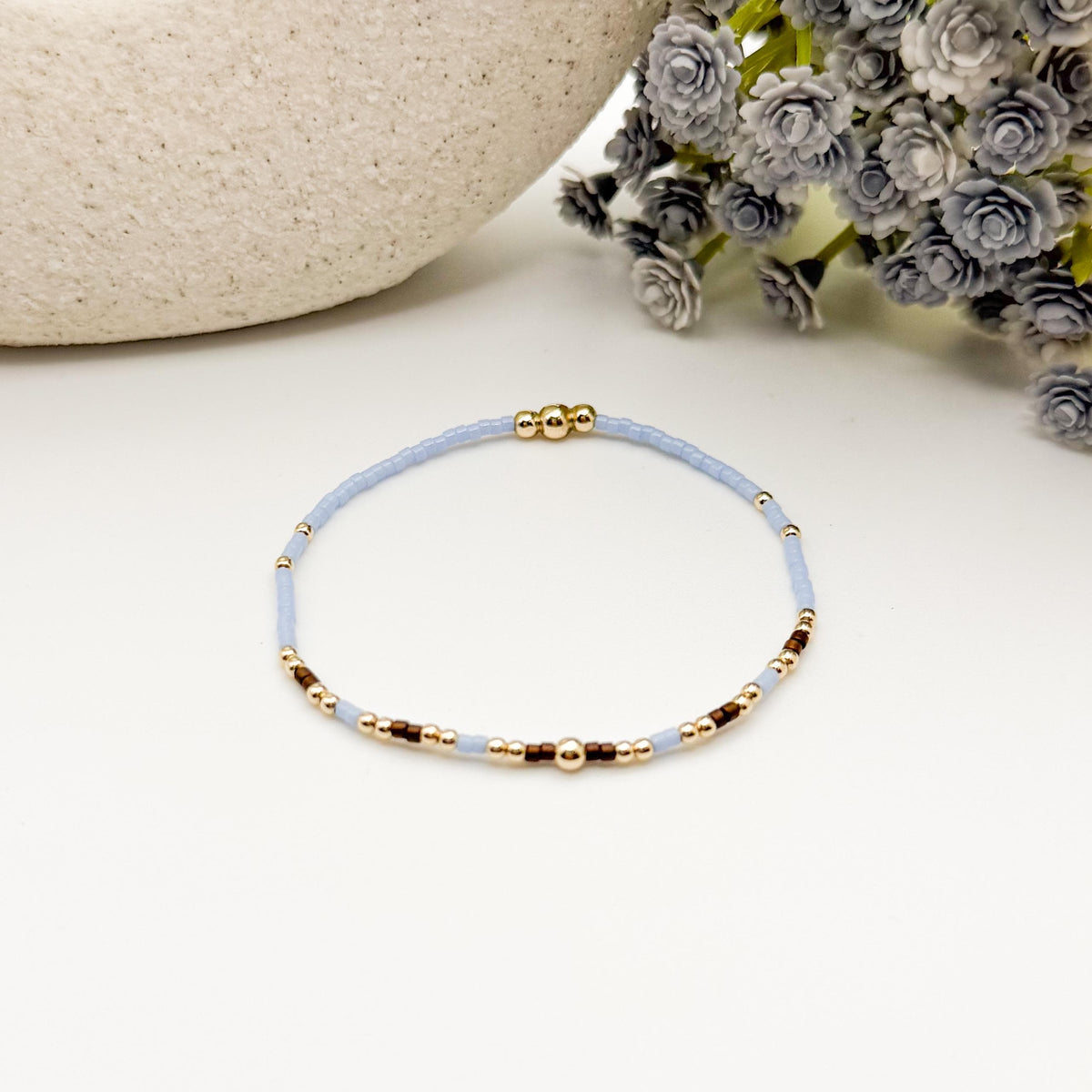 Signature Espresso Stack | 14k Gold Filled Non-Tarnish Seed Bead Bracelets Beaded Bracelet Stack | Tiny Bead | Brown & Light Blue Bracelets