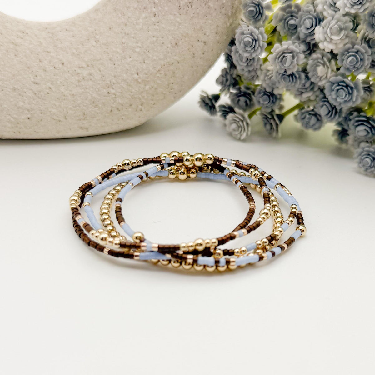 Signature Espresso Stack | 14k Gold Filled Non-Tarnish Seed Bead Bracelets Beaded Bracelet Stack | Tiny Bead | Brown & Light Blue Bracelets