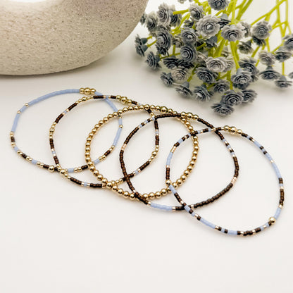 Signature Espresso Stack | 14k Gold Filled Non-Tarnish Seed Bead Bracelets Beaded Bracelet Stack | Tiny Bead | Brown & Light Blue Bracelets