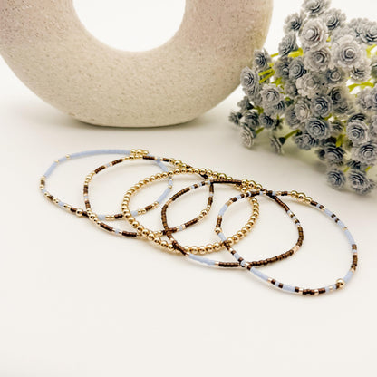 Signature Espresso Stack | 14k Gold Filled Non-Tarnish Seed Bead Bracelets Beaded Bracelet Stack | Tiny Bead | Brown & Light Blue Bracelets