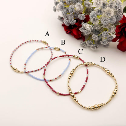 Signature Crimson Skies Stack | 14k Gold Filled Non-Tarnish Stack with Maroon and Sky Blue | Tiny Bead Trending Gold Stretch Bracelets |