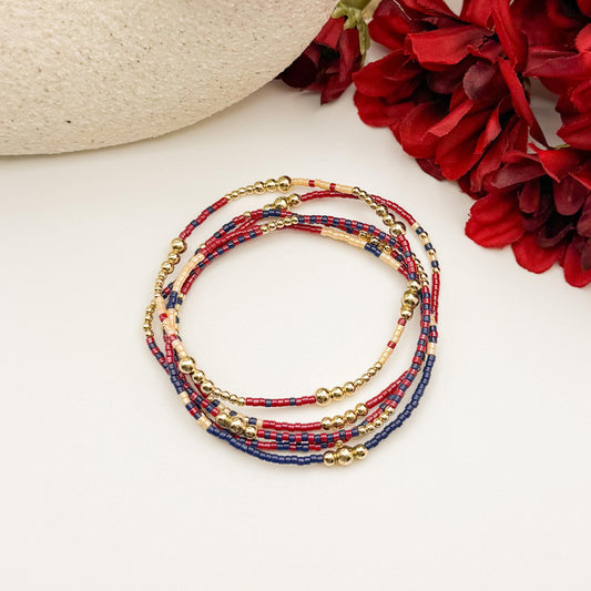 Signature Cranberry Stack | 14k Gold Filled Non-Tarnish with Navy and Maroon Tiny Beads | Stackable Bracelet Stack | Fall Bracelet Set