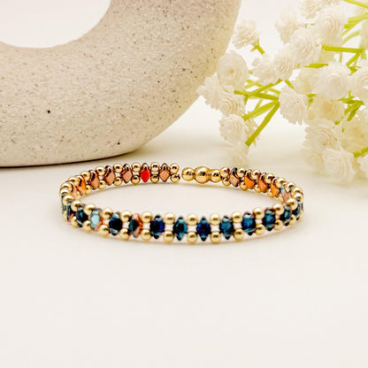 Deep Blue Double Strand Bracelet | 18k Gold Filled with Mini Multicolor Diamond Shape Bead | | Beaded Stretch Bracelet | Dainty | gifting