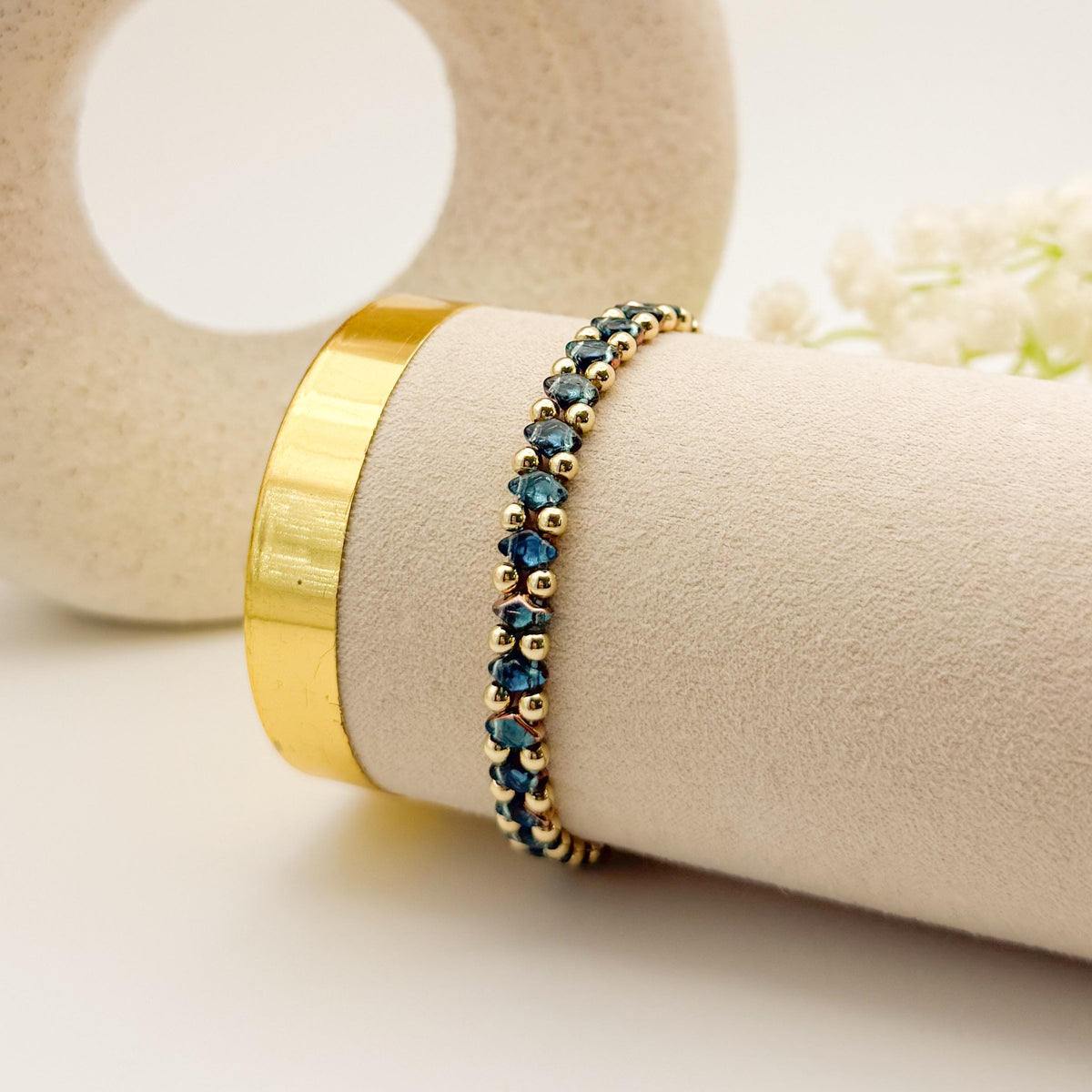 Deep Blue Double Strand Bracelet | 18k Gold Filled with Mini Multicolor Diamond Shape Bead | | Beaded Stretch Bracelet | Dainty | gifting