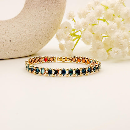 Deep Blue Double Strand Bracelet | 18k Gold Filled with Mini Multicolor Diamond Shape Bead | | Beaded Stretch Bracelet | Dainty | gifting