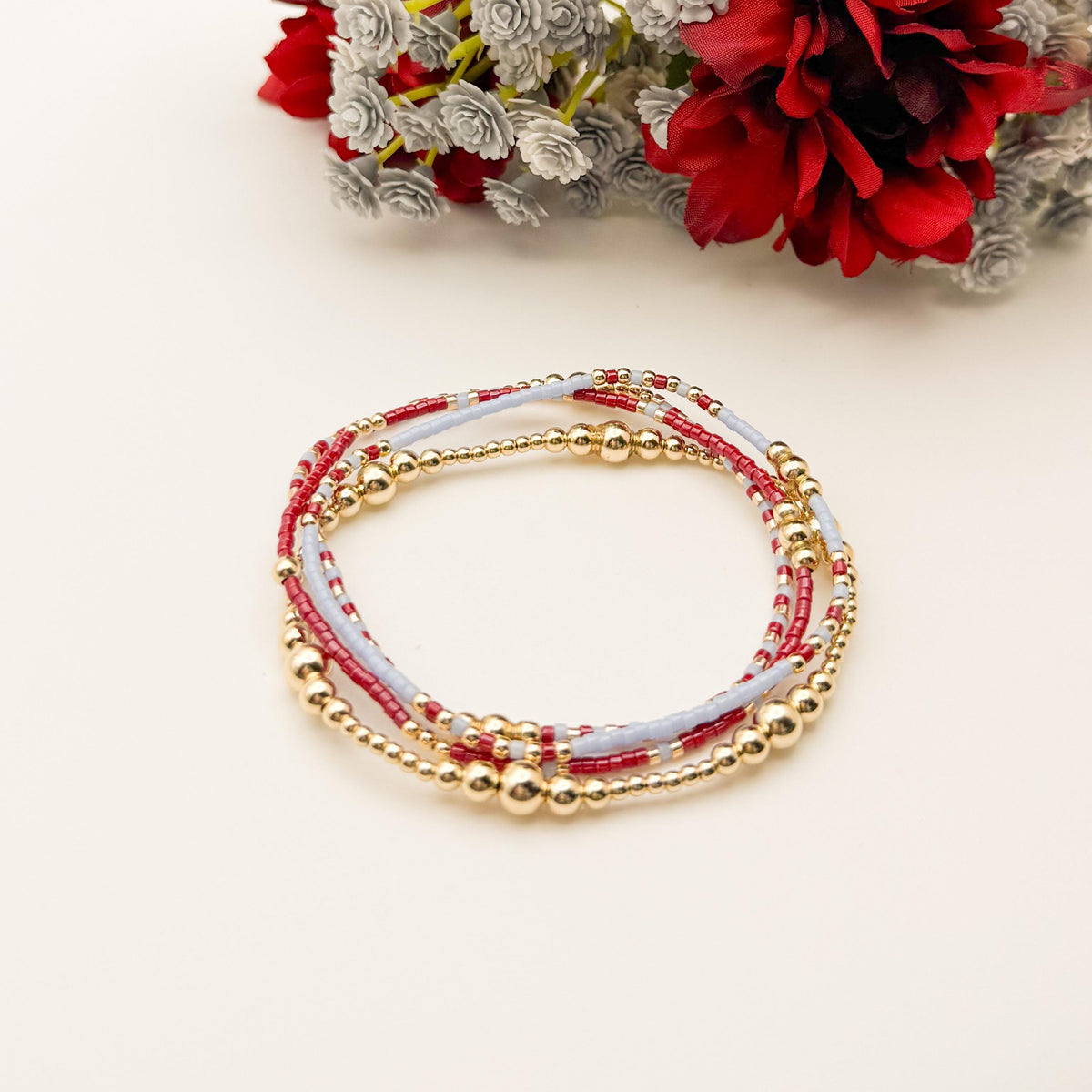 Signature Crimson Skies Stack | 14k Gold Filled Non-Tarnish Stack with Maroon and Sky Blue | Tiny Bead Trending Gold Stretch Bracelets |