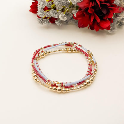 Signature Crimson Skies Stack | 14k Gold Filled Non-Tarnish Stack with Maroon and Sky Blue | Tiny Bead Trending Gold Stretch Bracelets |