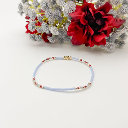 Signature Crimson Skies Stack | 14k Gold Filled Non-Tarnish Stack with Maroon and Sky Blue | Tiny Bead Trending Gold Stretch Bracelets |