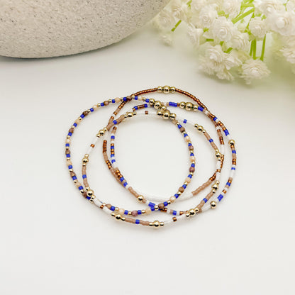 Signature Blue Jay Stack | 14k Gold Filled Non-Tarnish | Royal Blue and Brown Bracelet | Dainty Stretch Bracelet Stacks