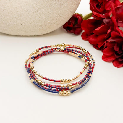 Signature Cranberry Stack | 14k Gold Filled Non-Tarnish with Navy and Maroon Tiny Beads | Stackable Bracelet Stack | Fall Bracelet Set