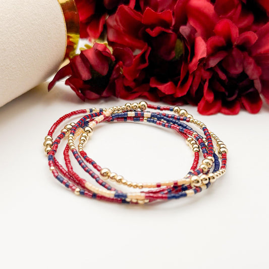 Signature Cranberry Stack | 14k Gold Filled Non-Tarnish with Navy and Maroon Tiny Beads | Stackable Bracelet Stack | Fall Bracelet Set