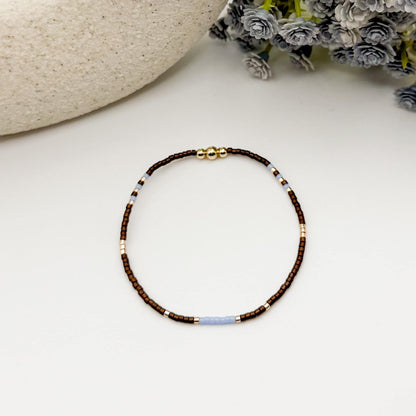 Signature Espresso Stack | 14k Gold Filled Non-Tarnish Seed Bead Bracelets Beaded Bracelet Stack | Tiny Bead | Brown & Light Blue Bracelets