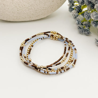 Signature Espresso Stack | 14k Gold Filled Non-Tarnish Seed Bead Bracelets Beaded Bracelet Stack | Tiny Bead | Brown & Light Blue Bracelets
