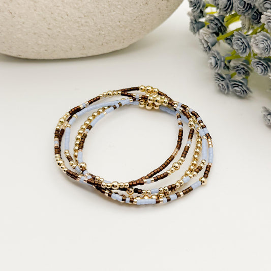 Signature Espresso Stack | 14k Gold Filled Non-Tarnish Seed Bead Bracelets Beaded Bracelet Stack | Tiny Bead | Brown & Light Blue Bracelets