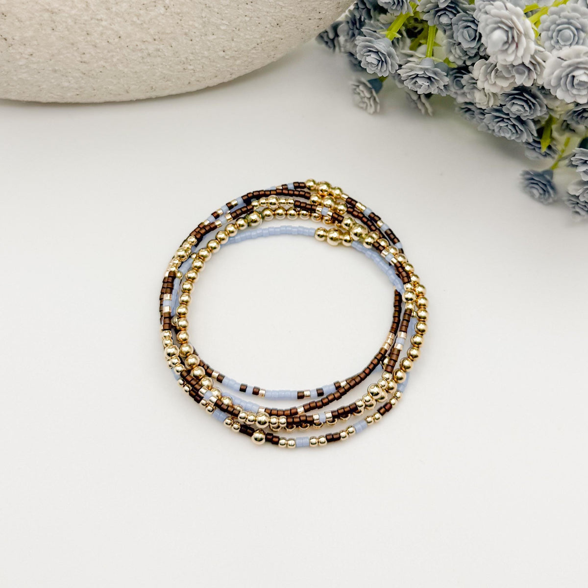 Signature Espresso Stack | 14k Gold Filled Non-Tarnish Seed Bead Bracelets Beaded Bracelet Stack | Tiny Bead | Brown & Light Blue Bracelets