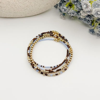 Signature Espresso Stack | 14k Gold Filled Non-Tarnish Seed Bead Bracelets Beaded Bracelet Stack | Tiny Bead | Brown & Light Blue Bracelets
