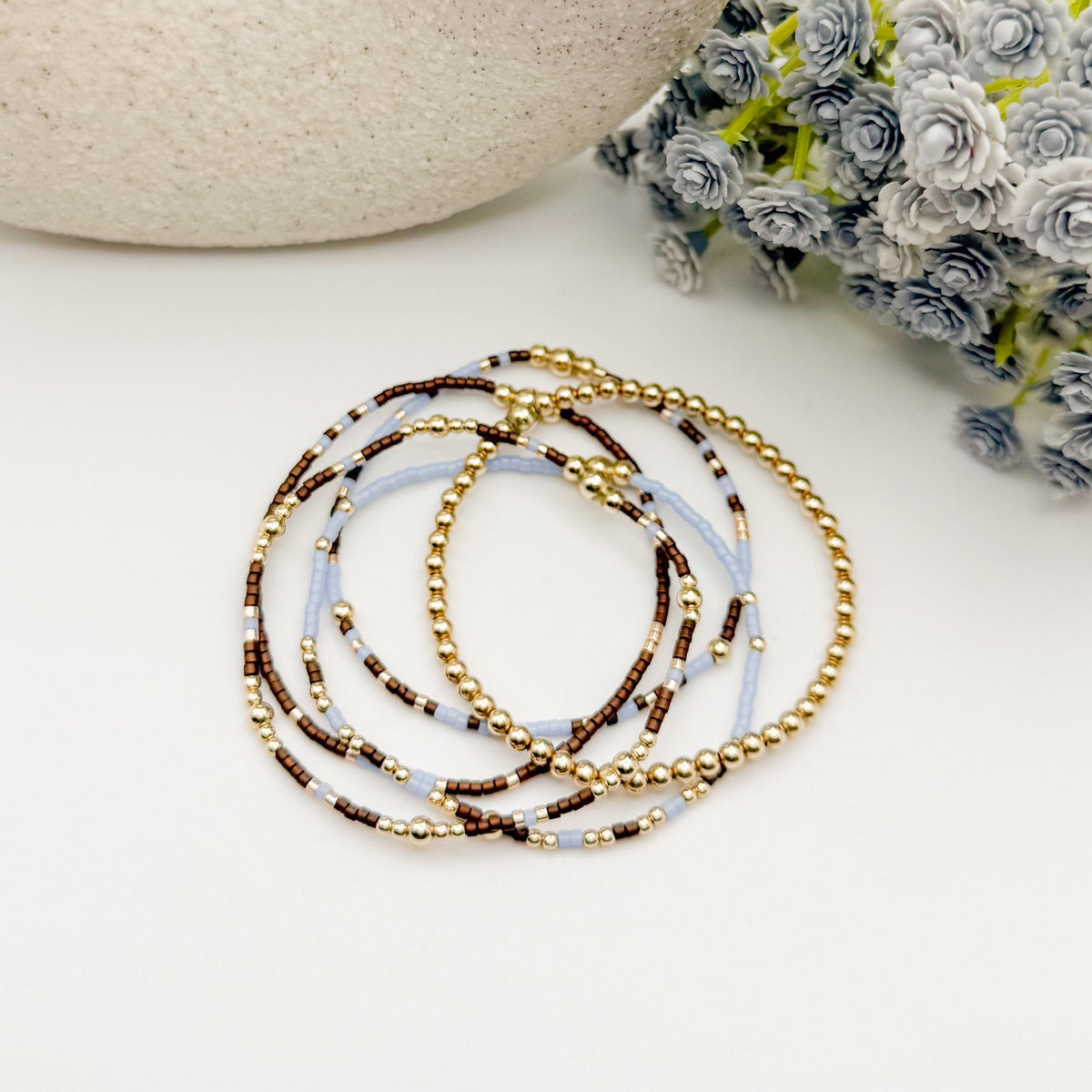 Signature Espresso Stack | 14k Gold Filled Non-Tarnish Seed Bead Bracelets Beaded Bracelet Stack | Tiny Bead | Brown & Light Blue Bracelets