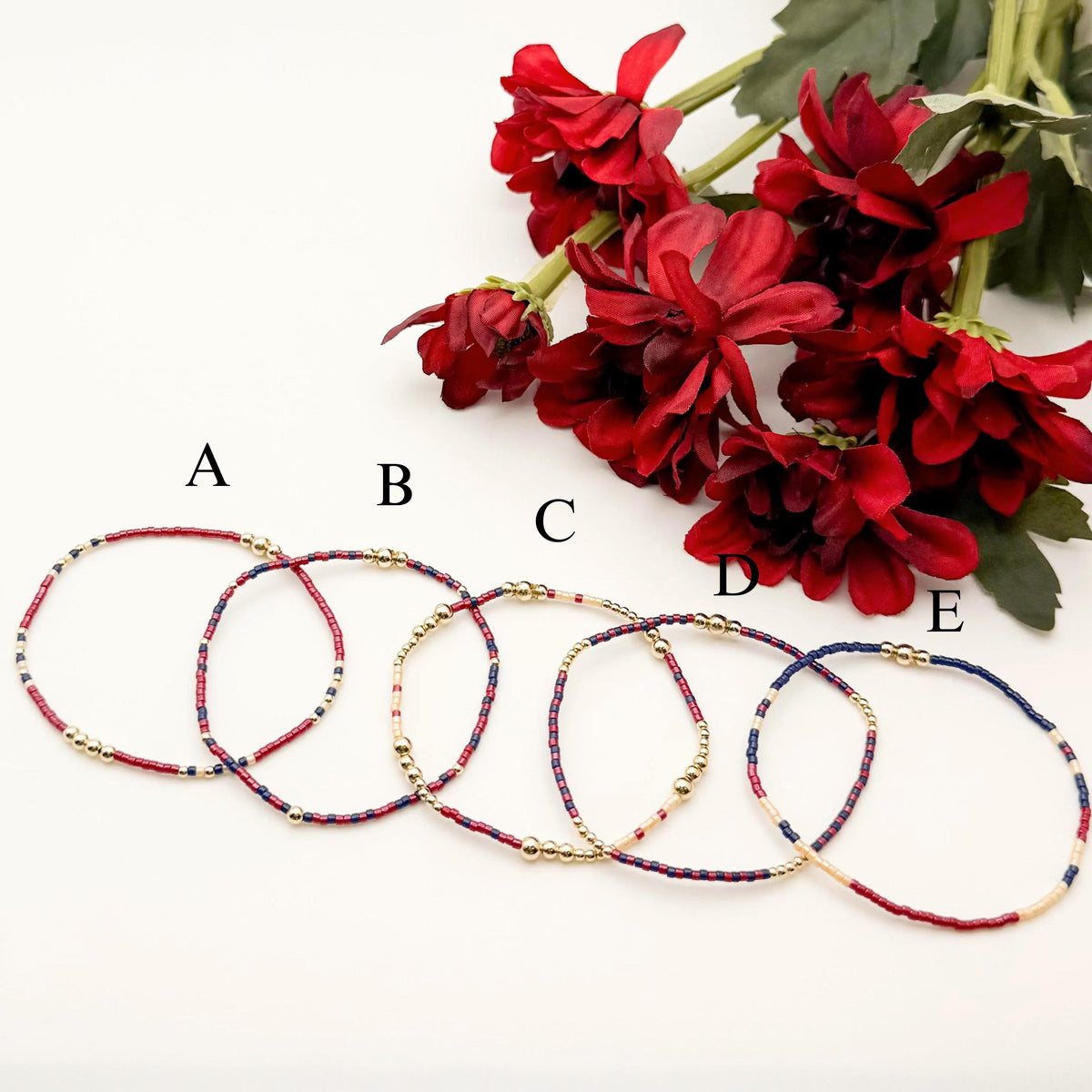 Signature Cranberry Stack | 14k Gold Filled Non-Tarnish with Navy and Maroon Tiny Beads | Stackable Bracelet Stack | Fall Bracelet Set