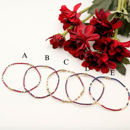 Signature Cranberry Stack | 14k Gold Filled Non-Tarnish with Navy and Maroon Tiny Beads | Stackable Bracelet Stack | Fall Bracelet Set