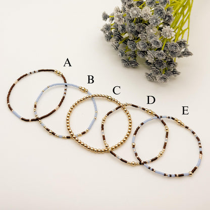 Signature Espresso Stack | 14k Gold Filled Non-Tarnish Seed Bead Bracelets Beaded Bracelet Stack | Tiny Bead | Brown & Light Blue Bracelets