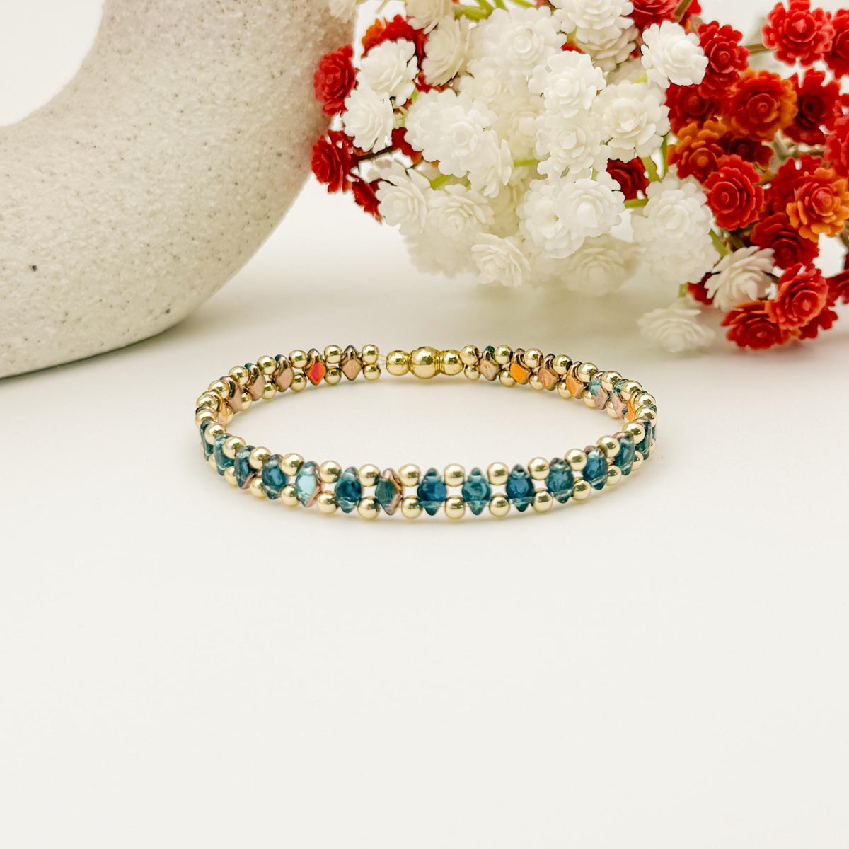 Deep Blue Double Strand Bracelet | 18k Gold Filled with Mini Multicolor Diamond Shape Bead | | Beaded Stretch Bracelet | Dainty | gifting