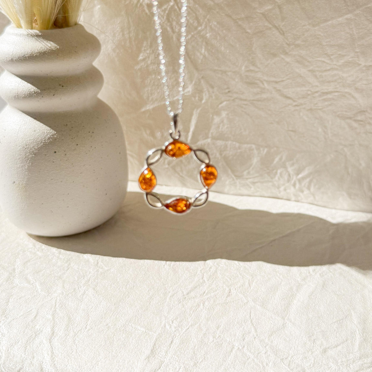 Sterling Silver Necklace Women Gift Baltic Amber Pendant Jewelry Circular Wreath Design Honey Gemstone Chain Nature Inspired Botanical Statement Artisan Crafted Quality Vintage Treasure Collection Elegant Style Perfect Present Special