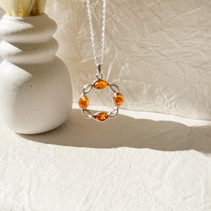 Sterling Silver Necklace Women Gift Baltic Amber Pendant Jewelry Circular Wreath Design Honey Gemstone Chain Nature Inspired Botanical Statement Artisan Crafted Quality Vintage Treasure Collection Elegant Style Perfect Present Special