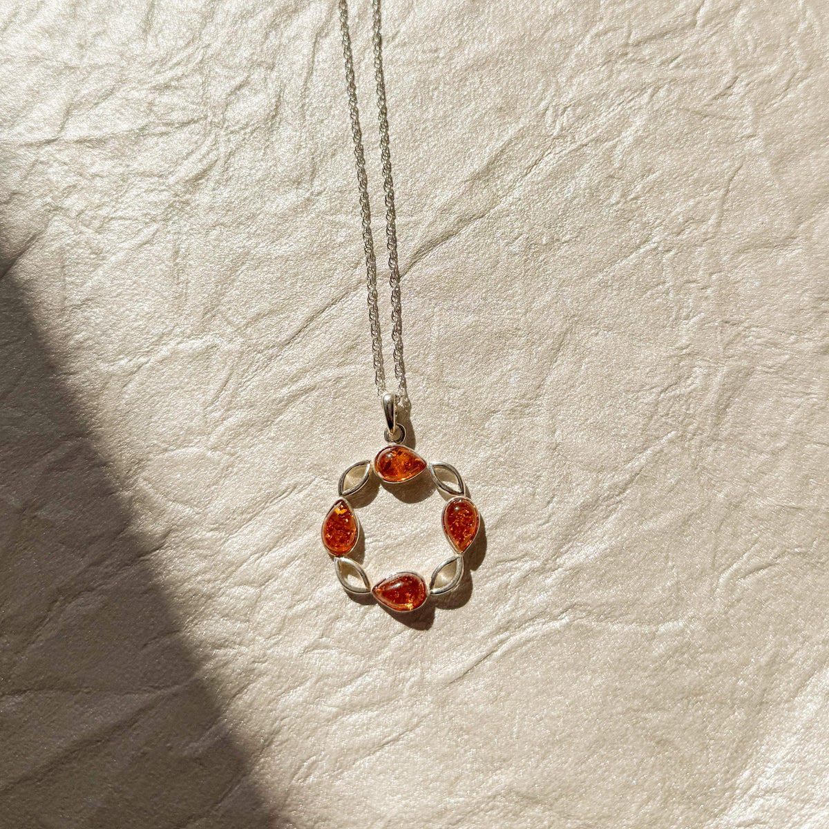 Sterling Amber Necklace Women Gift Baltic Honey Pendant Silver Jewelry Wreath Circular Design Gemstone Chain Nature Inspired Botanical