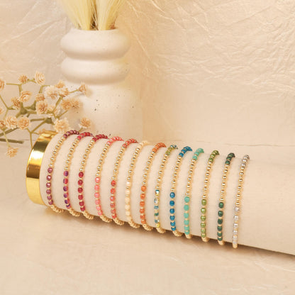 Beaded Stretch Bracelet Gold Filled Jewelry Design Czech Glass Beads Colorful Collection Stackable Wrist Band Everyday Piece Women Accessory Minimalist Style Delicate Design Layering Stack Perfect Birthday Gift Friendship Bracelet Token