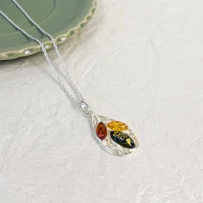 Baltic Amber Necklace Sterling Silver Pendant Natural Stone Jewelry Cognac Honey Yellow Green Gemstone Three Piece Design Teardrop Leaf Shaped Frame Polish Handmade Gift Women Birthday Present Anniversary Accessory Statement Chain Elegant