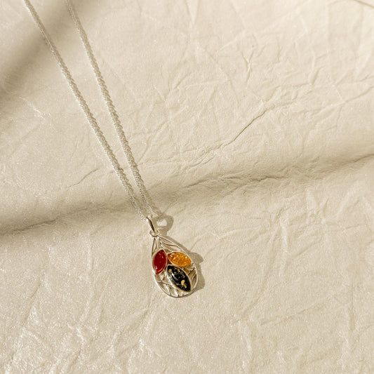Tri-Color Baltic Amber Necklace Sterling Silver Pendant Jewelry Natural Stone Cognac Teardrop Honey Gemstone Gift Women Present