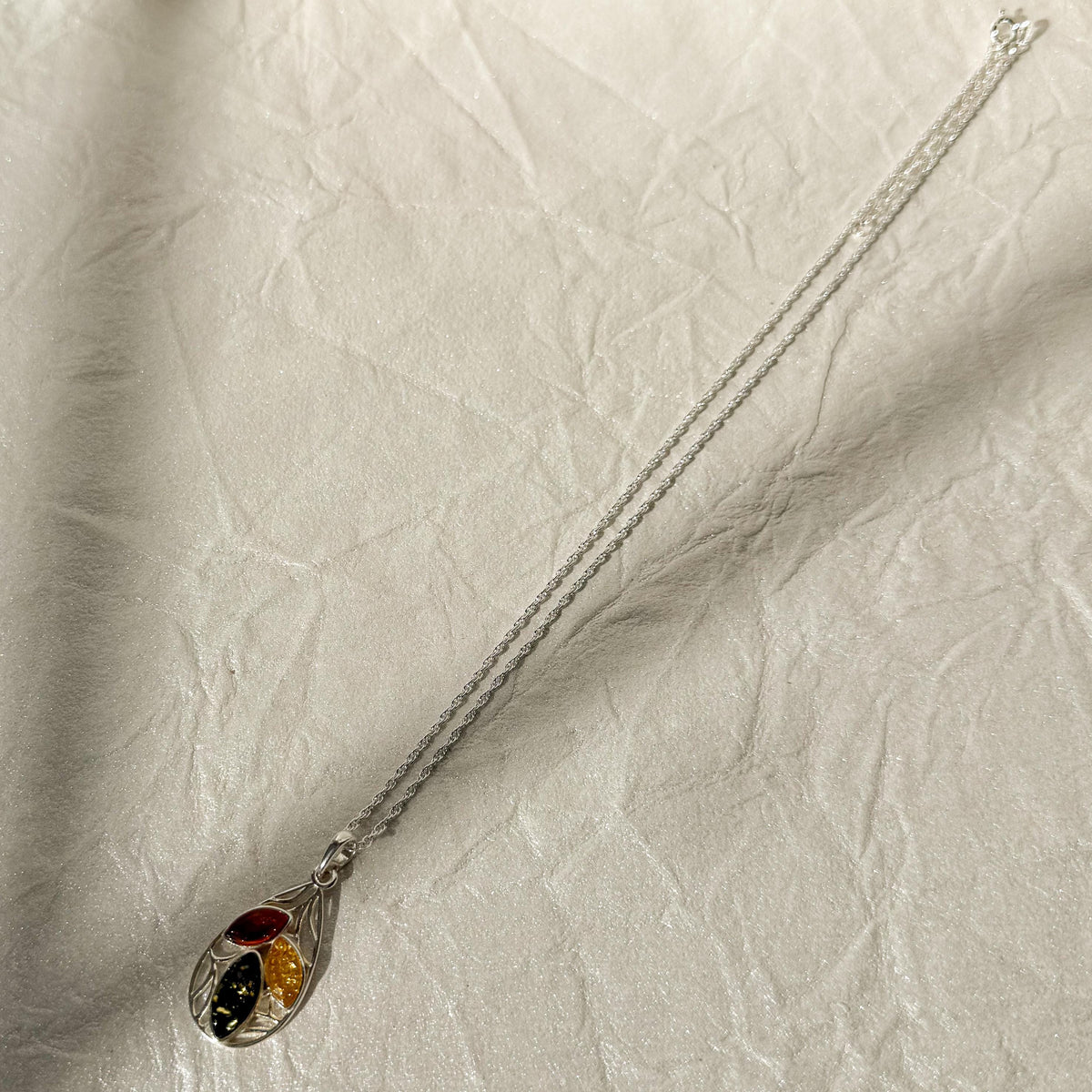 Tri-Color Baltic Amber Necklace Sterling Silver Pendant Jewelry Natural Stone Cognac Teardrop Honey Gemstone Gift Women Present