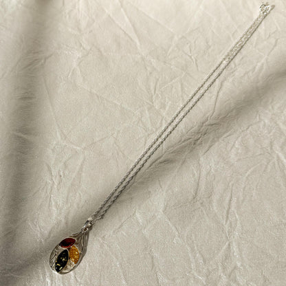 Tri-Color Baltic Amber Necklace Sterling Silver Pendant Jewelry Natural Stone Cognac Teardrop Honey Gemstone Gift Women Present