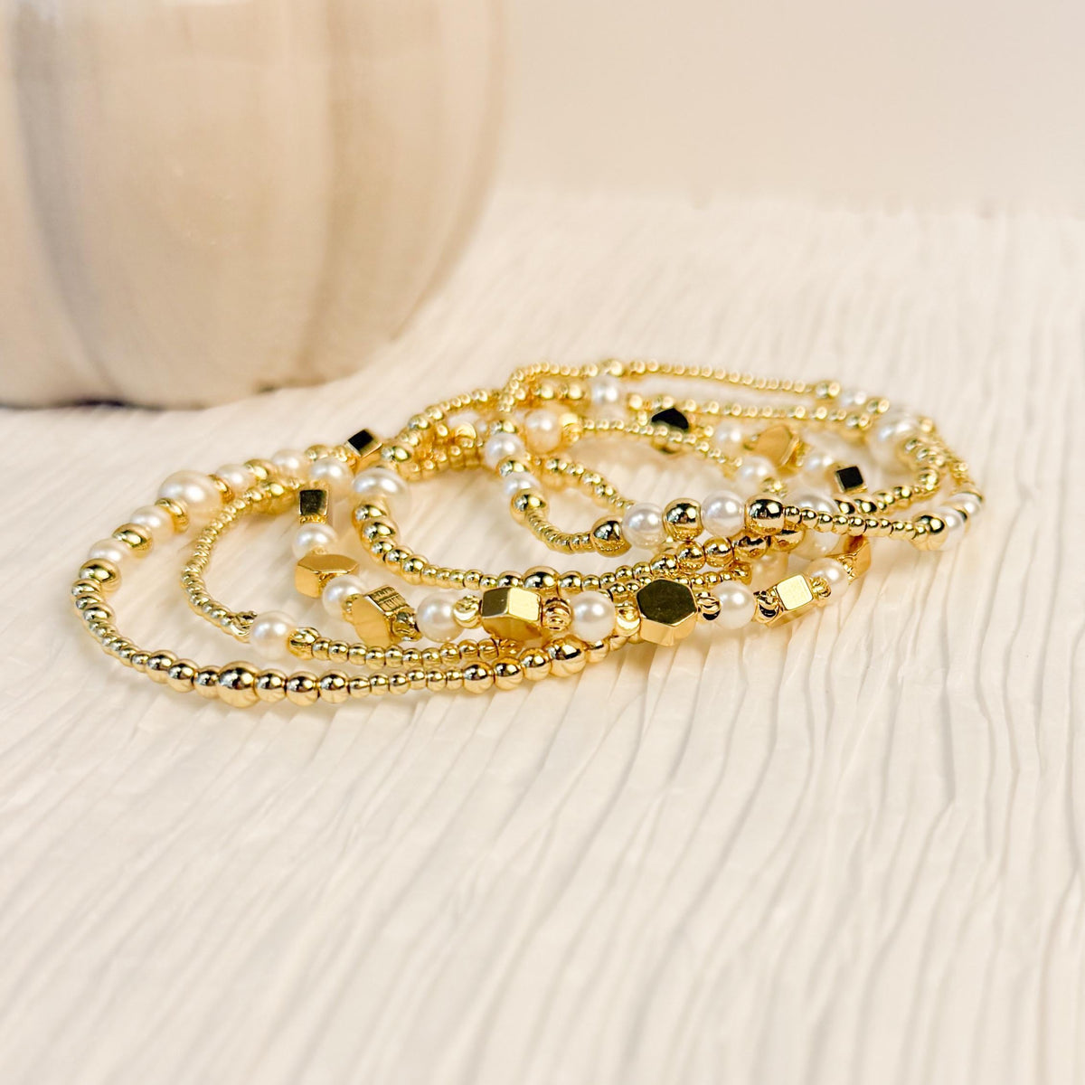 Pealry | 18k Gold Filled with Pearls Bracelet Stack | Beaded Stretch Bracelet | Dainty bead | Gift Set | Gift for Daughter