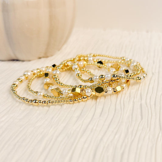 Pealry | 18k Gold Filled with Pearls Bracelet Stack | Beaded Stretch Bracelet | Dainty bead | Gift Set | Gift for Daughter