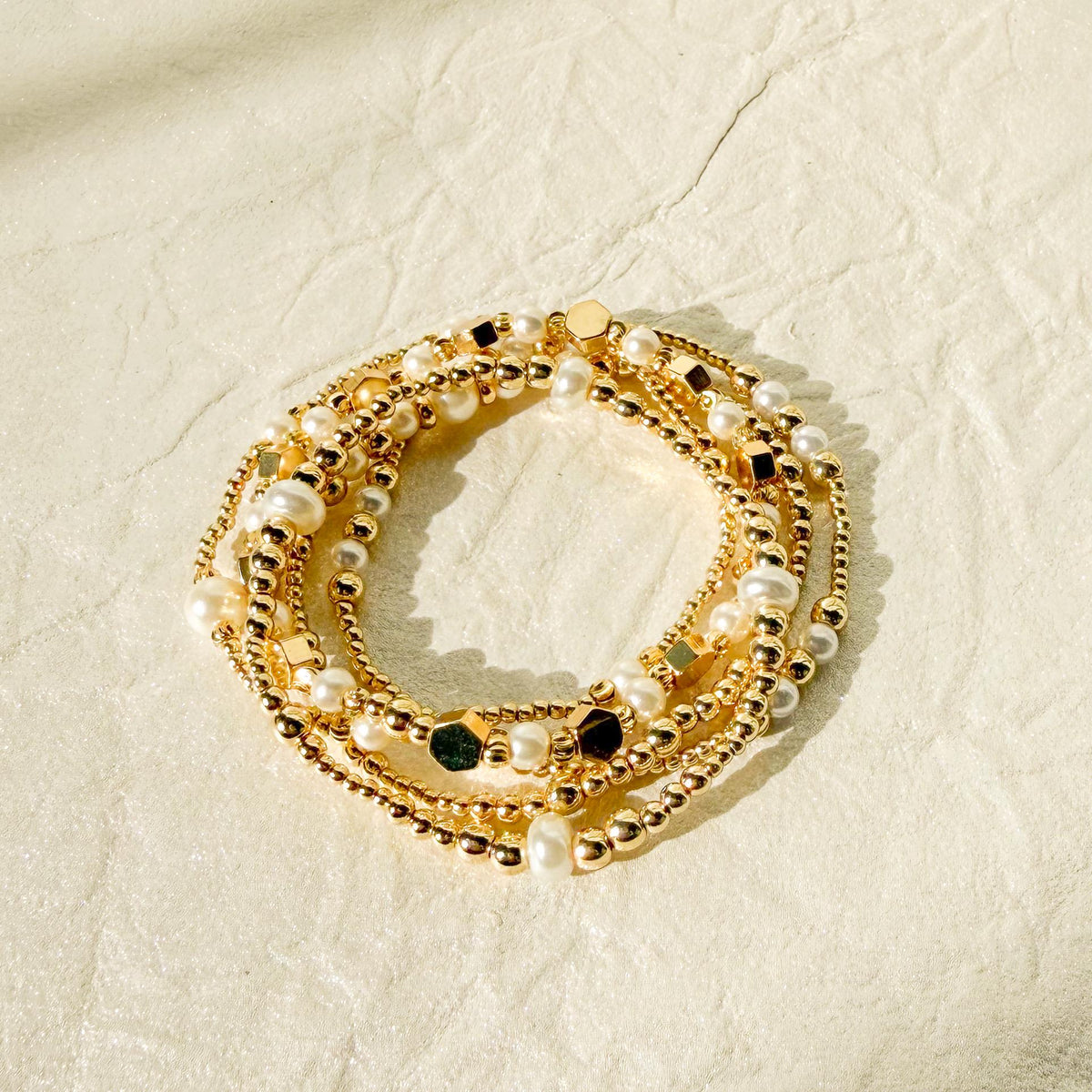 Pealry | 18k Gold Filled with Pearls Bracelet Stack | Beaded Stretch Bracelet | Dainty bead | Gift Set | Gift for Daughter